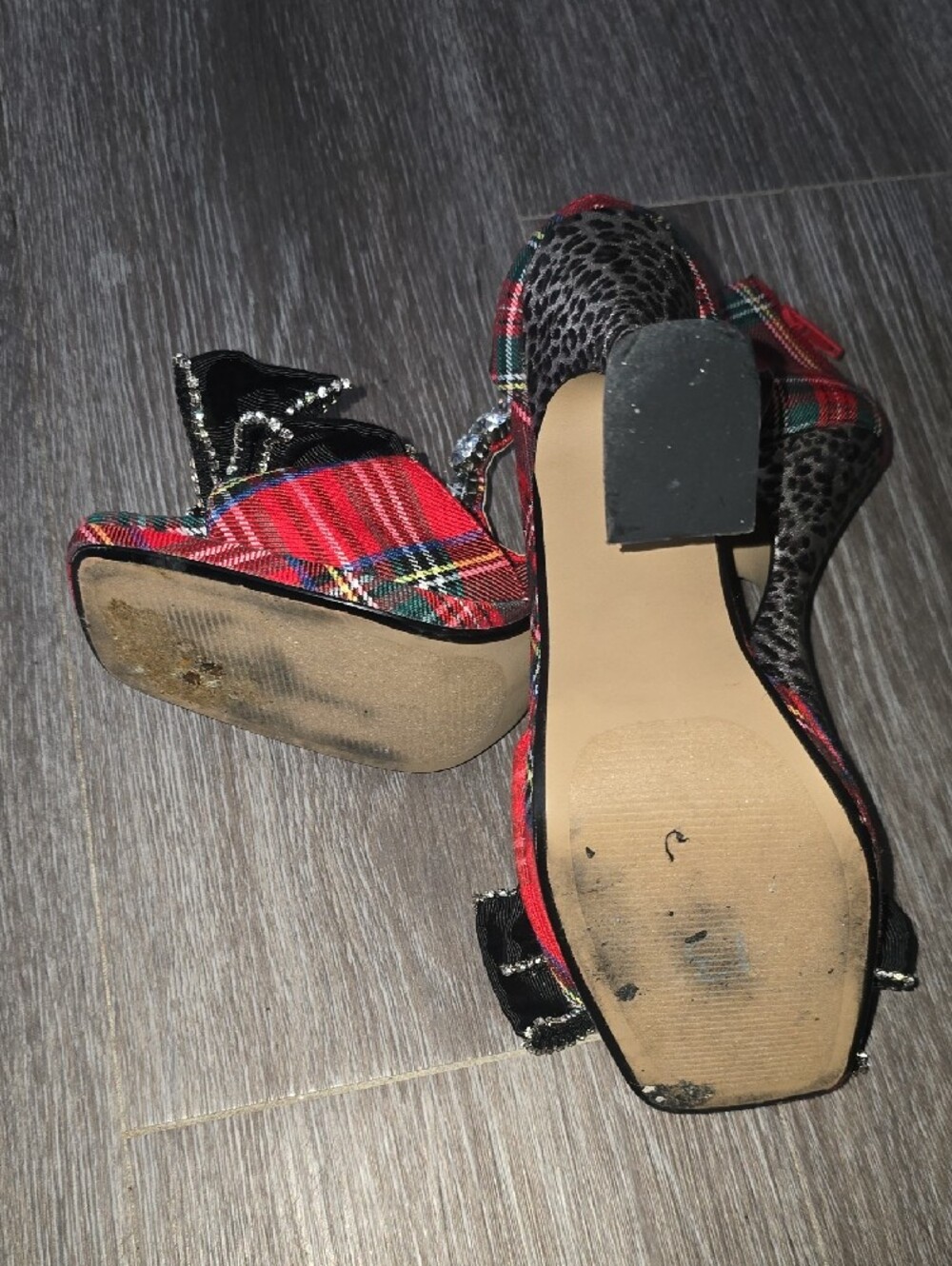 Betsey Johnson Red Plaid Jeweled Bow Leopard Block Heels - Picture 5 of 6